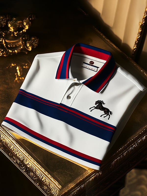 Men's Business Stripe Logo Button-Down Short Sleeve Polo T-Shirt