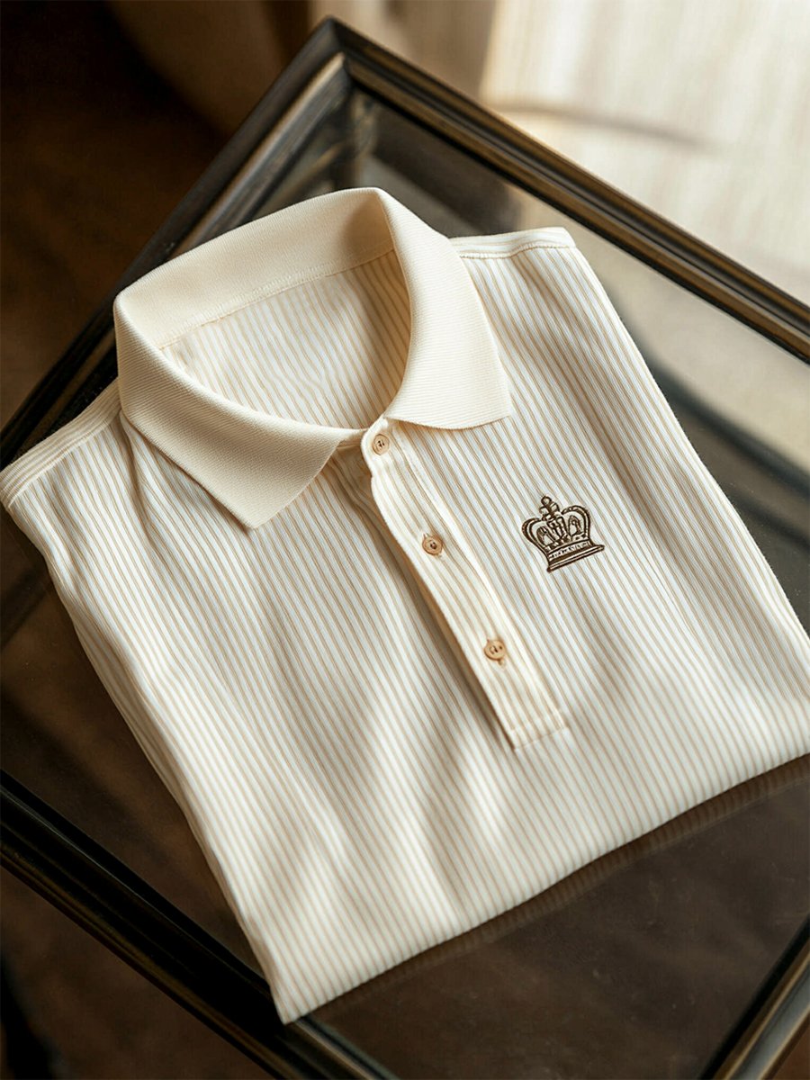 Men's Casual Business Stripe Logo Button Short Sleeve Polo T-Shirt