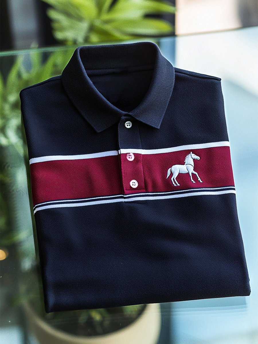 Men's Business Stripe Logo Button-Down Short Sleeve Polo T-Shirt